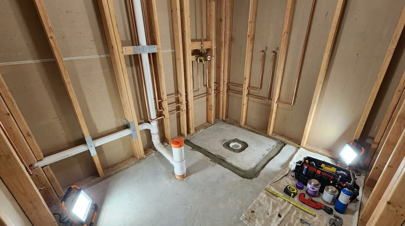 Bathroom rough-in plumbing during remodel by Johns Plumbing LLC in South Roxana