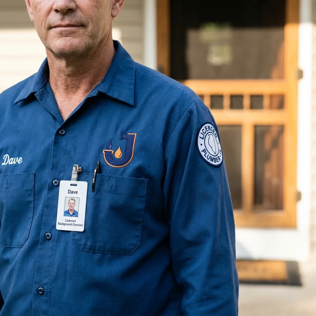 Licensed plumber showing ID badge in South Roxana, IL