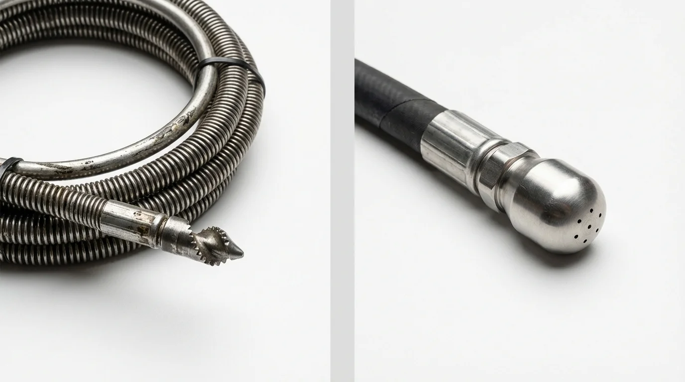 Drain snake cable and hydro jetting nozzle used for drain cleaning in South Roxana, IL