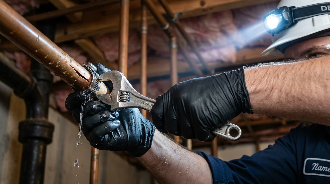Emergency pipe clamp repair being performed by a Johns Plumbing LLC plumber in South Roxana