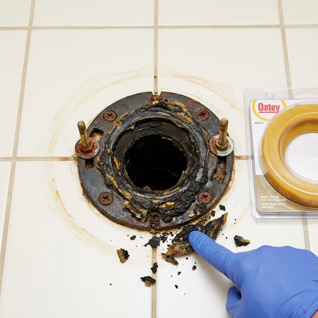 Failed wax ring showing water seepage at the base of a toilet in a South Roxana, IL home