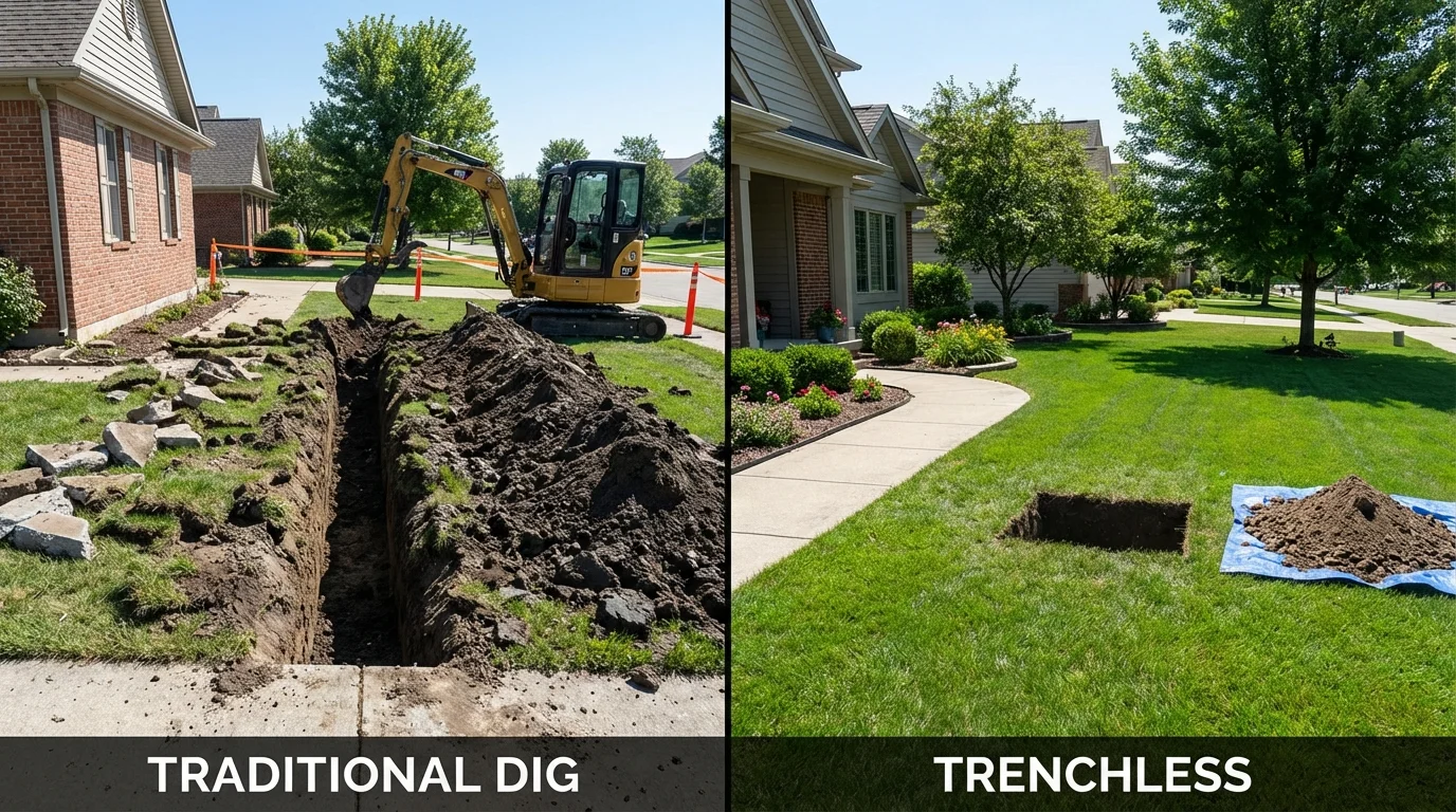 Trenchless sewer repair with minimal yard damage versus traditional excavation in South Roxana, IL