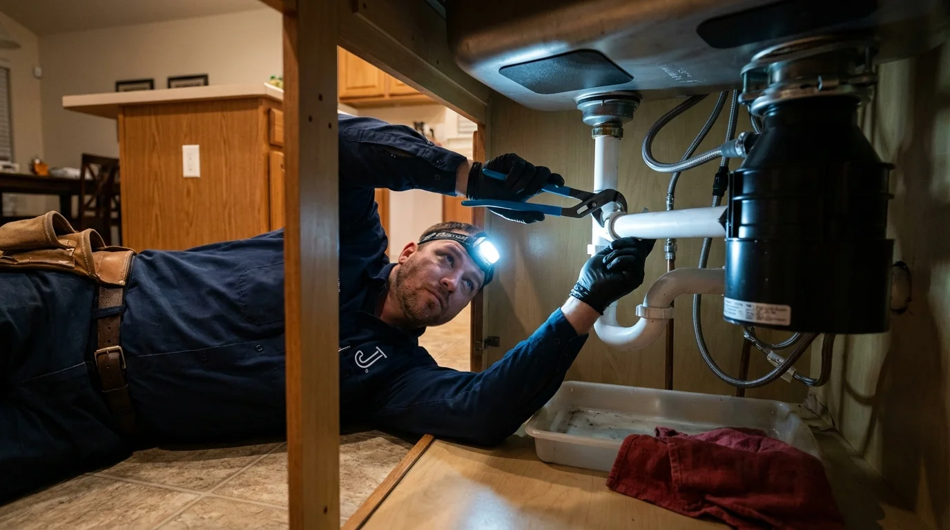 P-trap and supply line connections under a kitchen sink showing a common leak point in South Roxana, IL